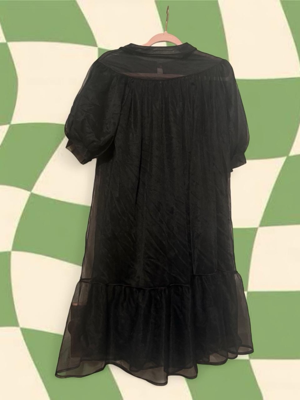 60s Vintage Nylon Floral Embroidery Black Puff-Sleeve Nightdress - Picture 3 of 7